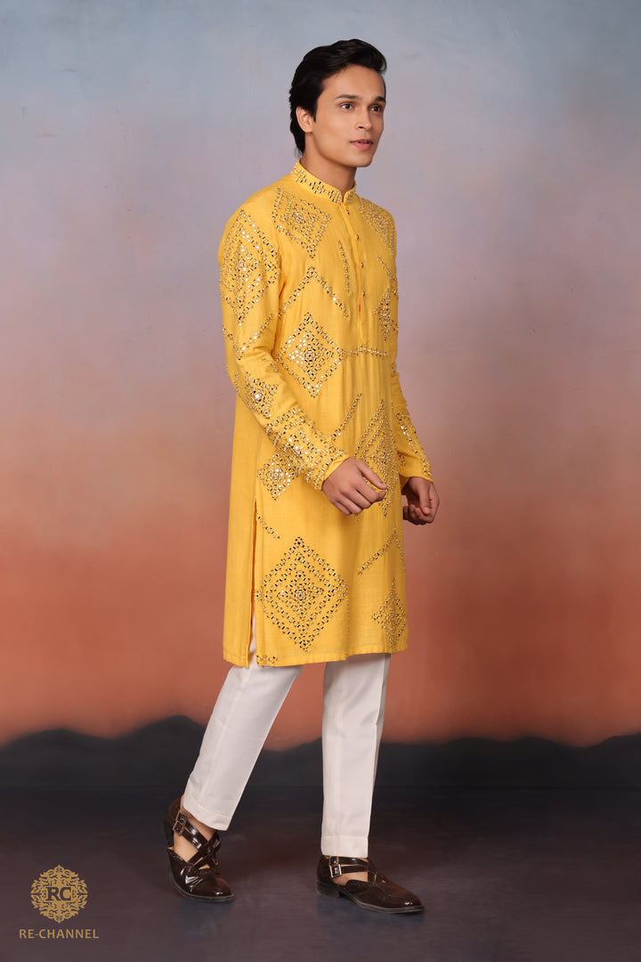 Sun Yellow Mirror work Kurta Set