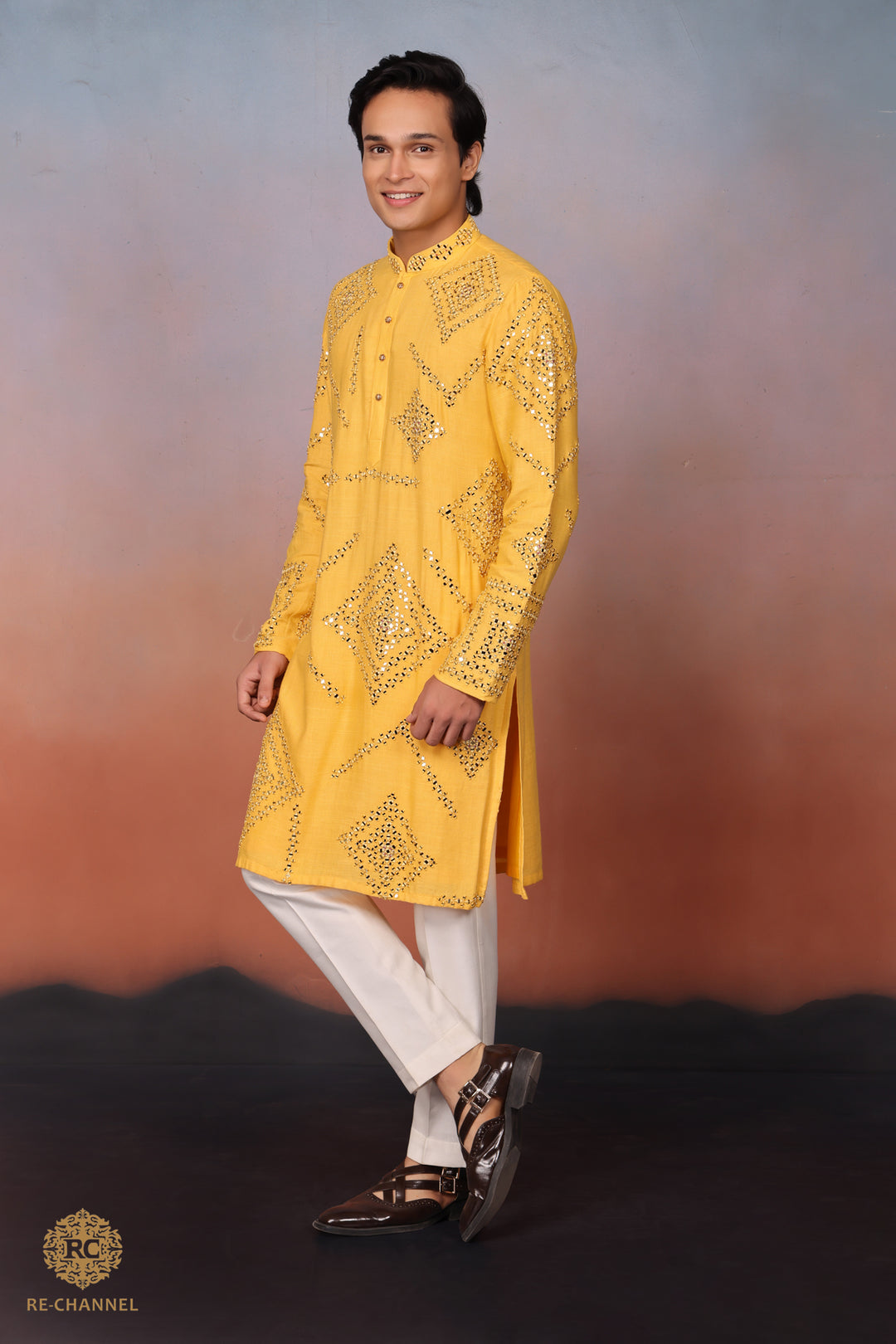 Sun Yellow Mirror work Kurta Set