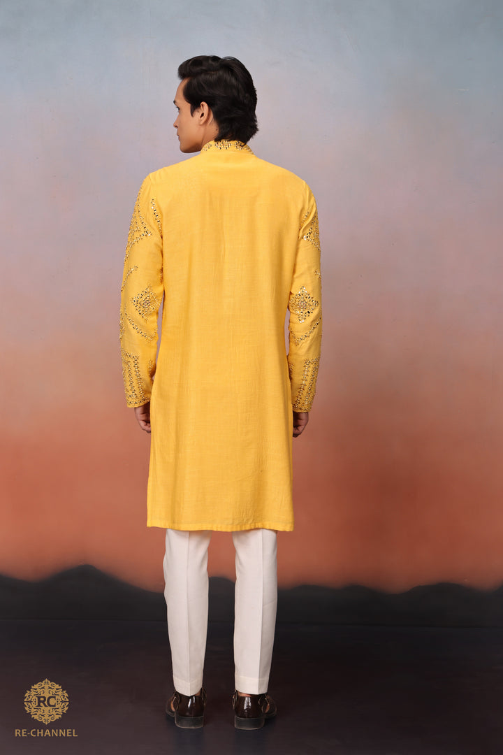 Sun Yellow Mirror work Kurta Set