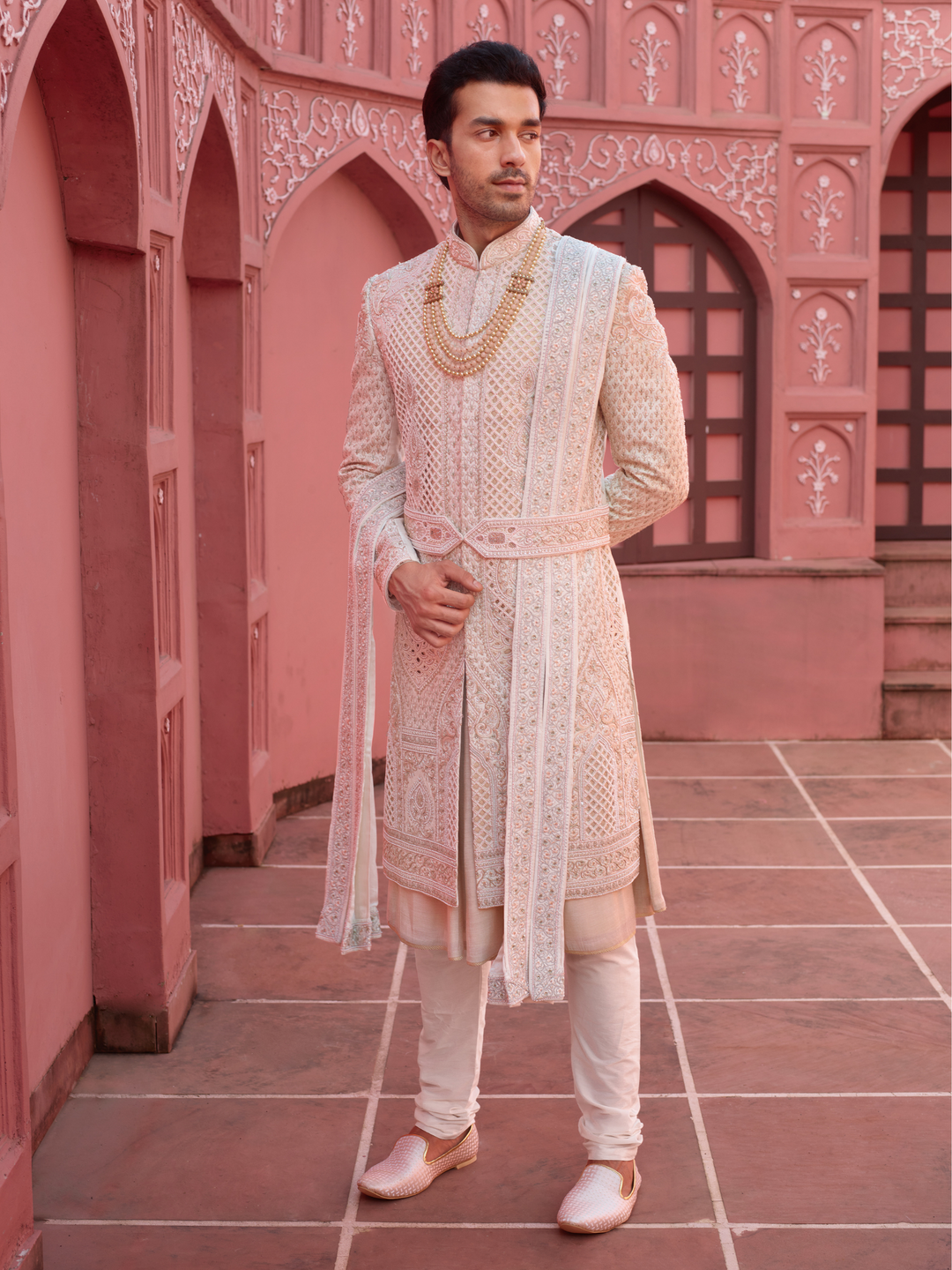 Light Gold Silk Cutwork Sherwani