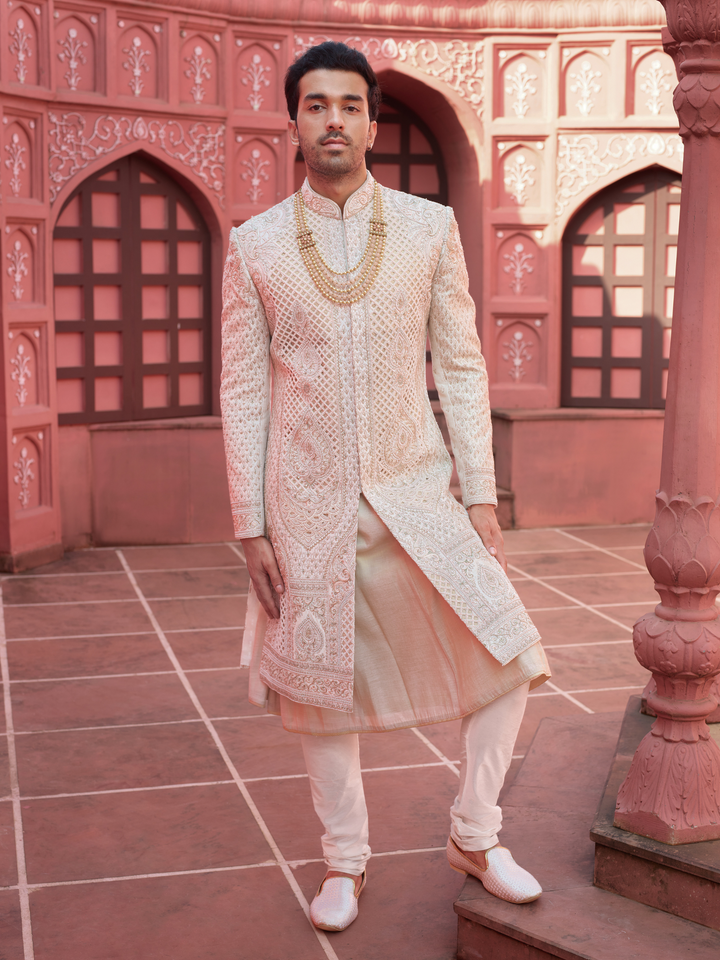Light Gold Silk Cutwork Sherwani
