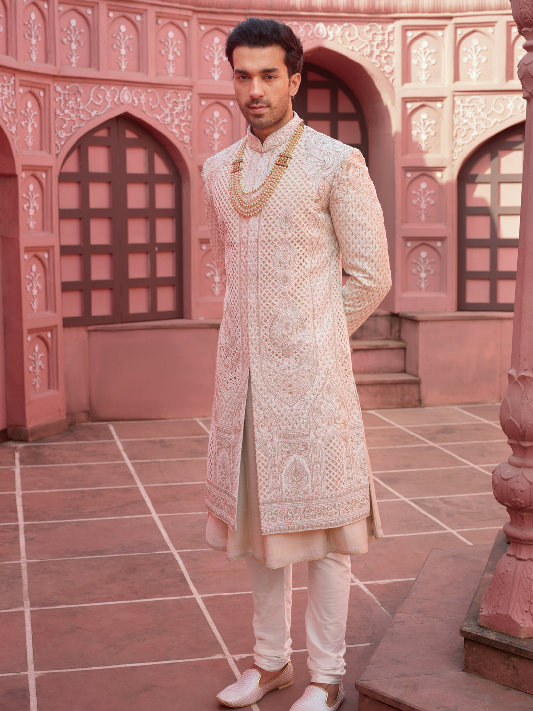 Light Gold Silk Cutwork Sherwani