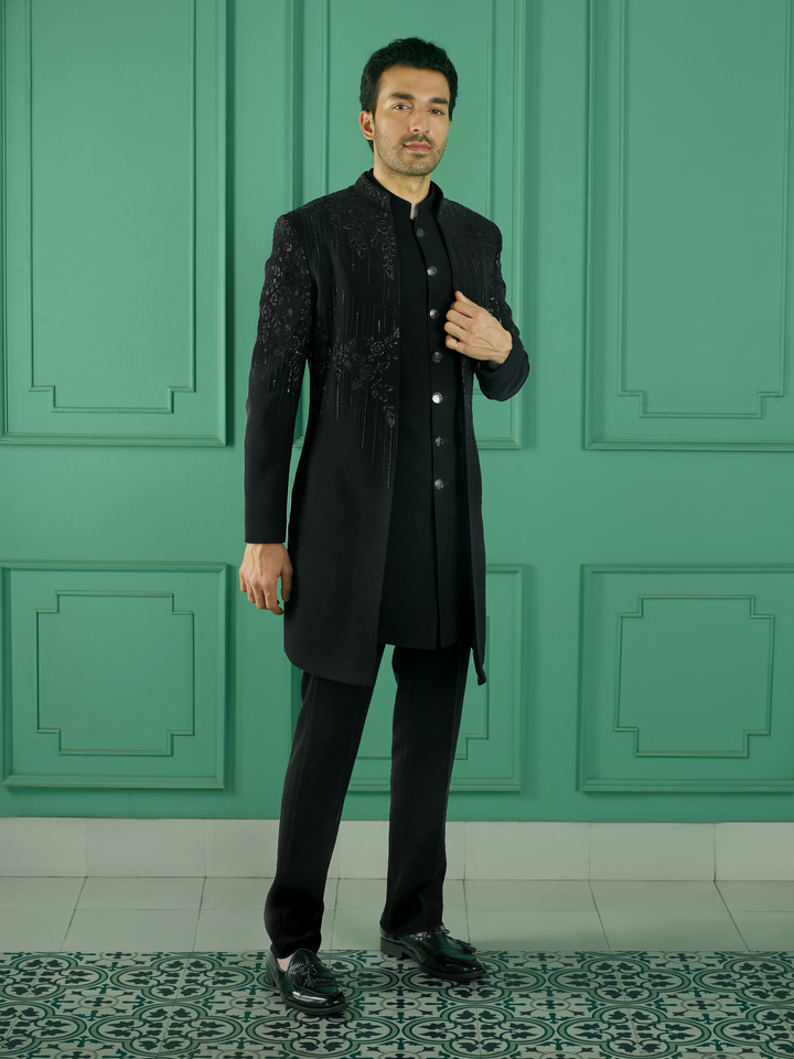 Black Indo-Western with Floral Embellishments