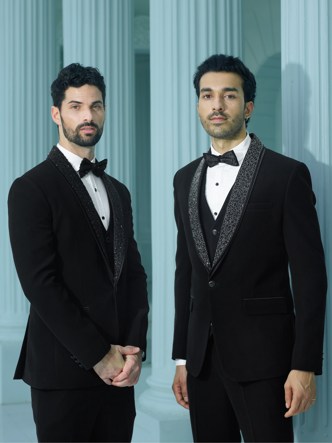 Sleek Black Suit with Embellished Lapel