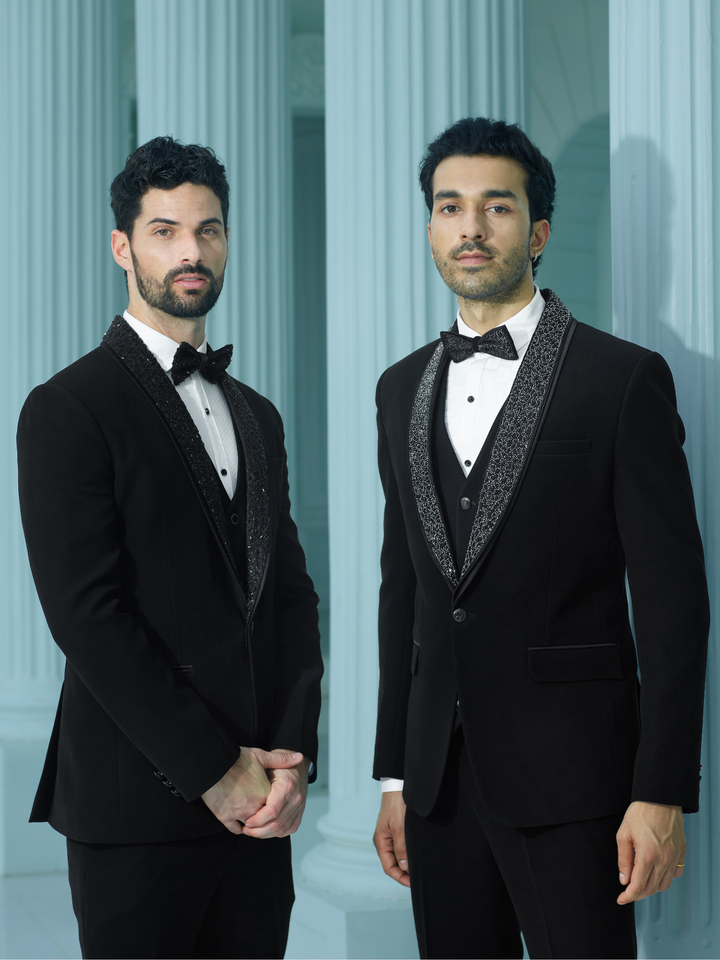 Sleek Black Suit with Embellished Lapel