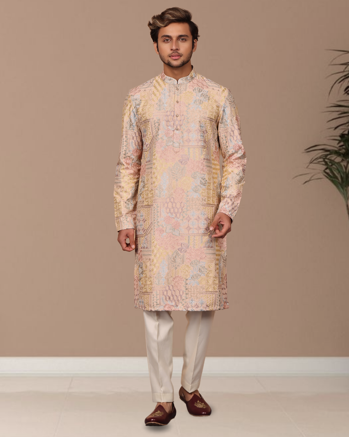 Beige Silk Abstract Thread Work Kurta Set