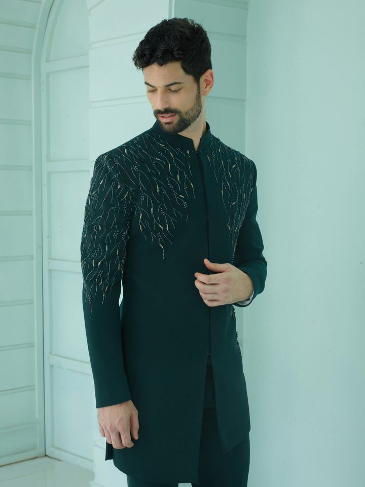 Green Floral Embroidered Indo-Western