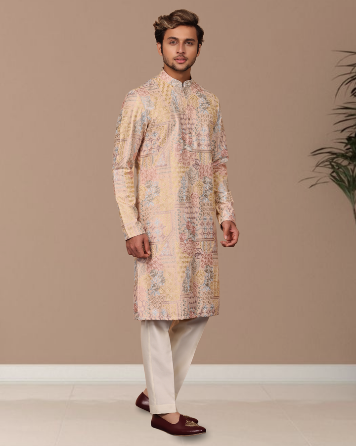 Beige Silk Abstract Thread Work Kurta Set