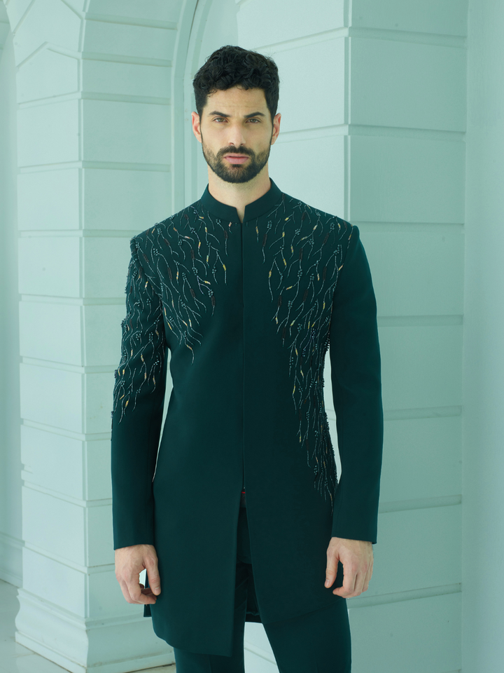 Green Floral Embroidered Indo-Western
