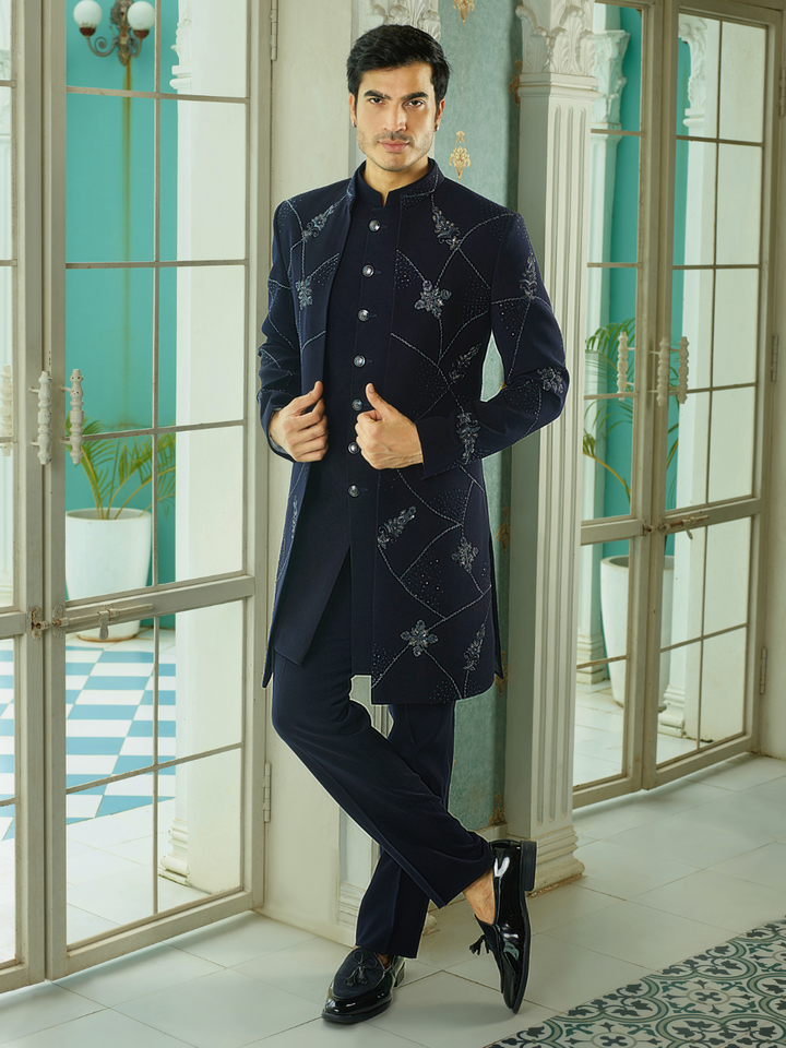 Navy Blue Abstract Embellished Indo-Western
