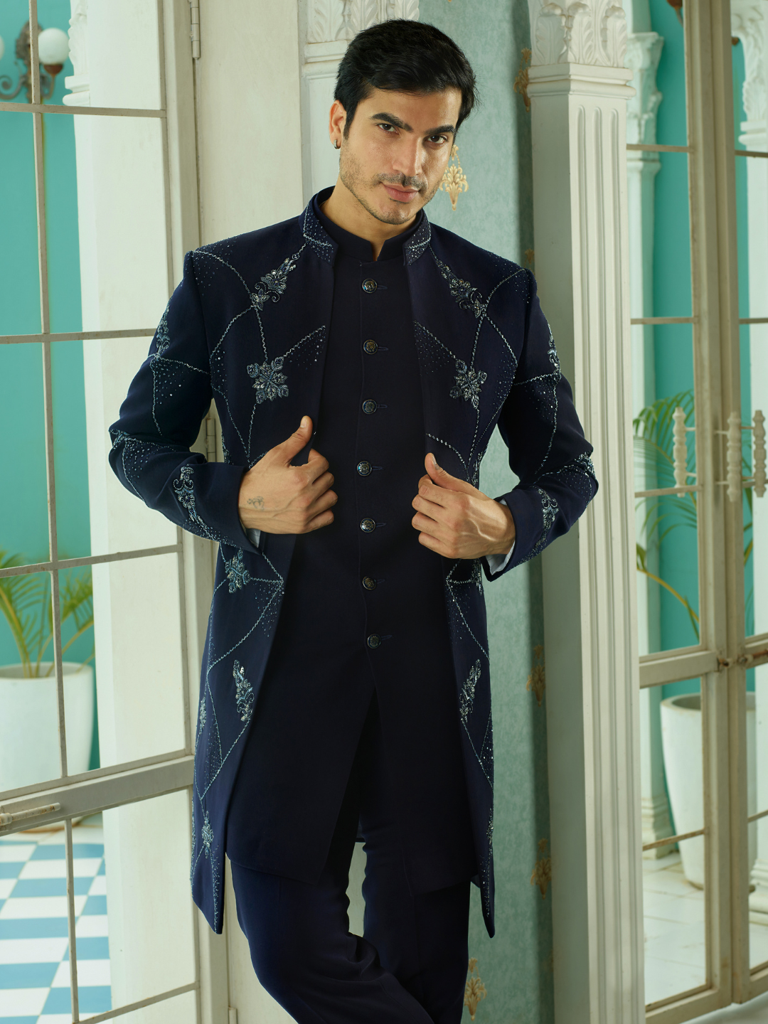 Navy Blue Abstract Embellished Indo-Western