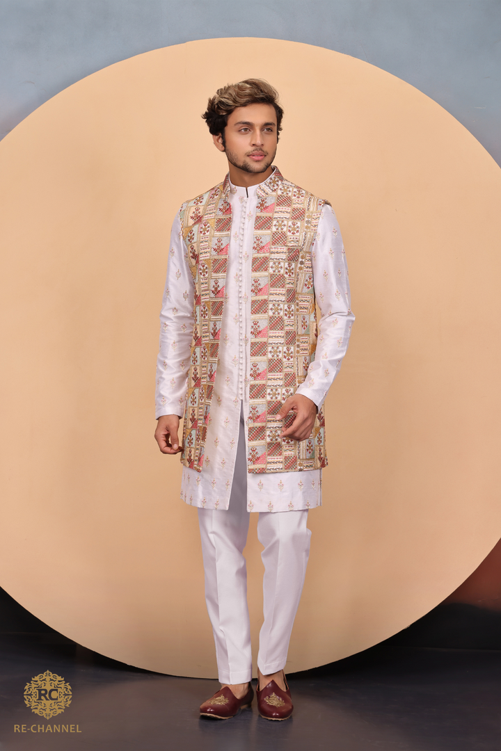 Embroidered Long Bandi with White Kurta