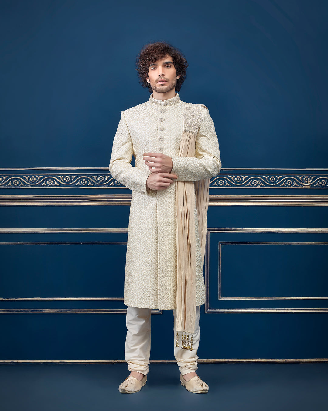 Light Gold Silk Sherwani with Resham Work