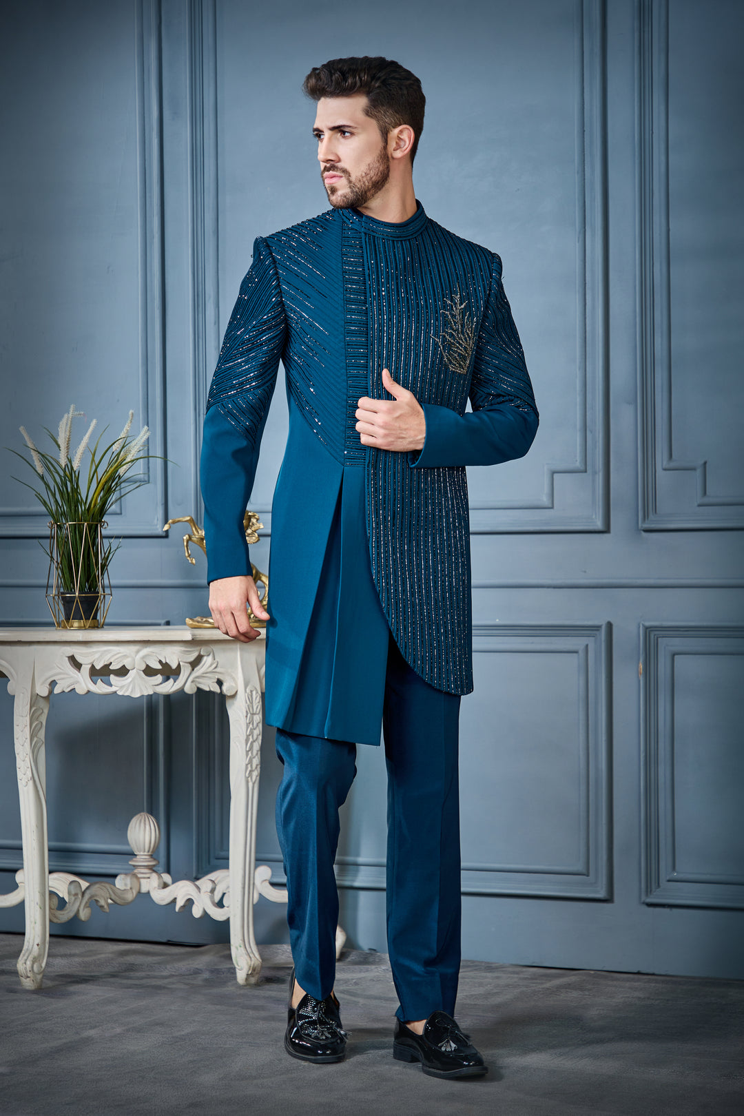 Teal Abstract Indo-Western Set