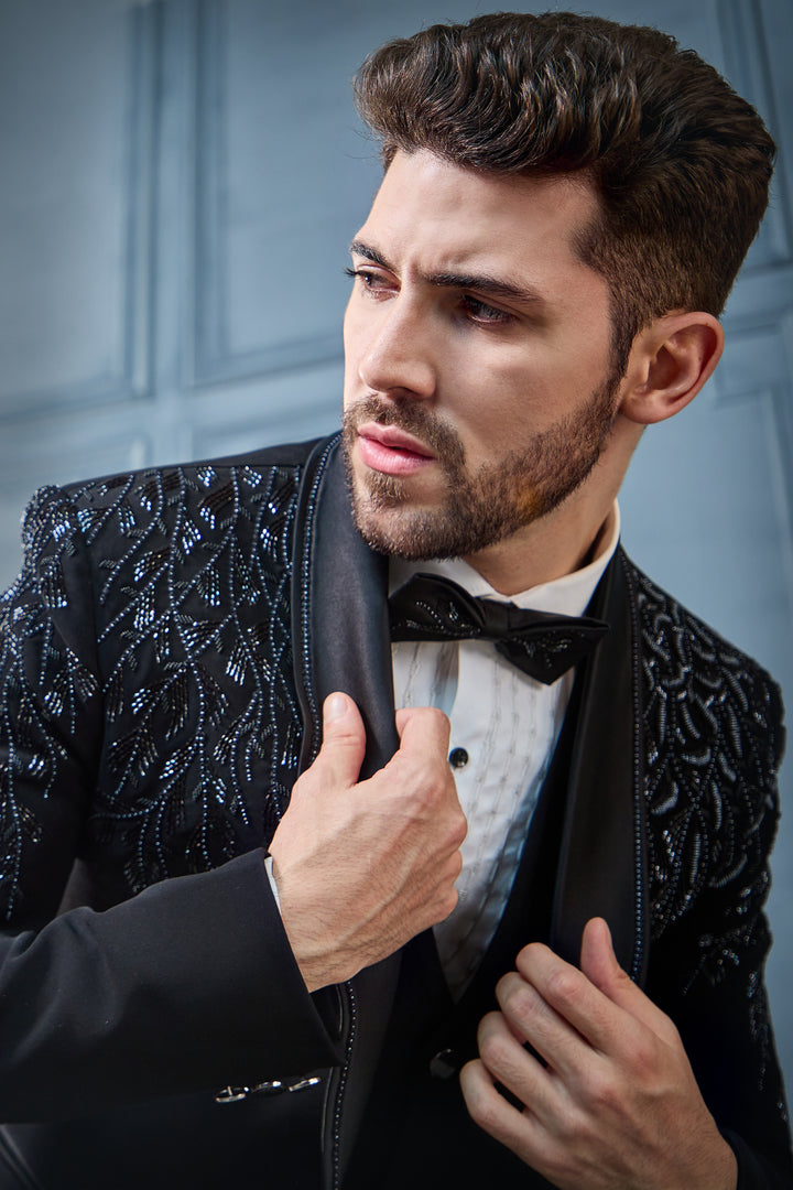 Black Floral Embroidered Tuxedo Set