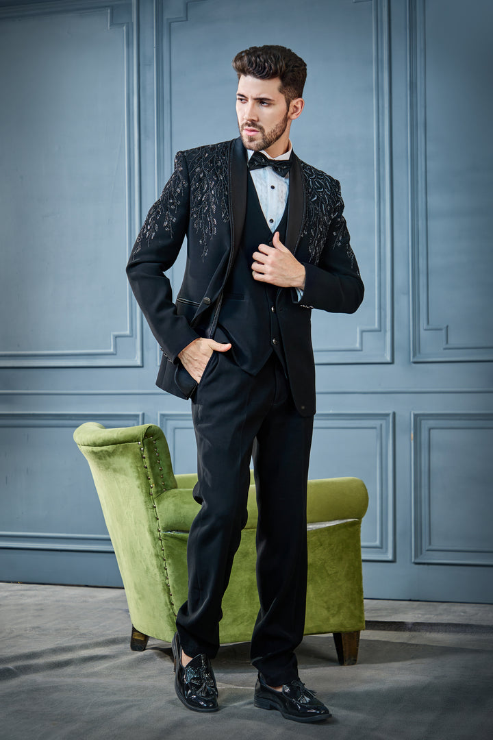 Black Floral Embroidered Tuxedo Set