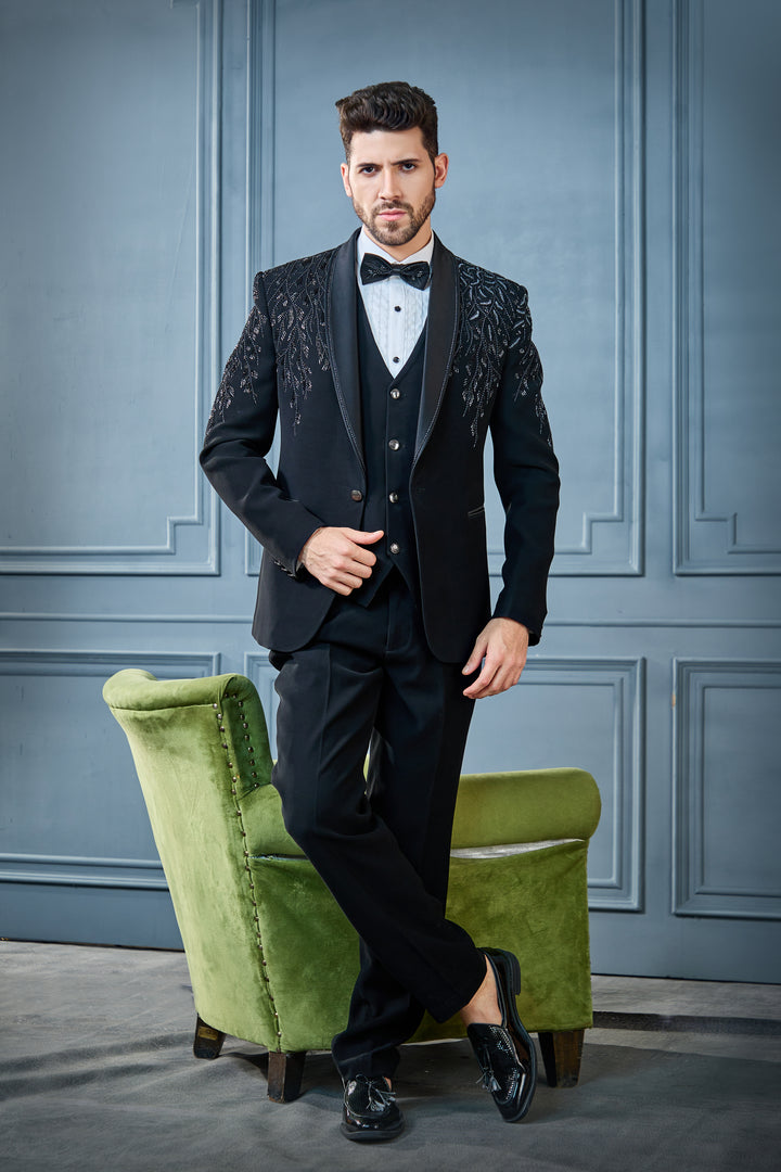 Black Floral Embroidered Tuxedo Set