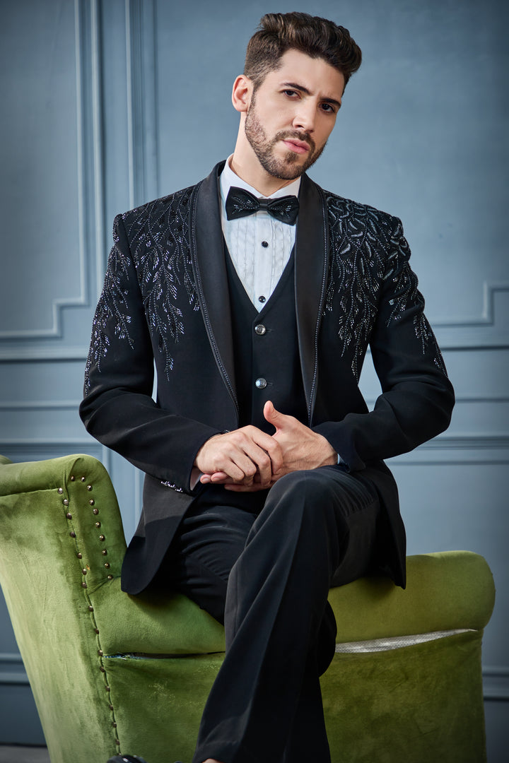 Black Floral Embroidered Tuxedo Set