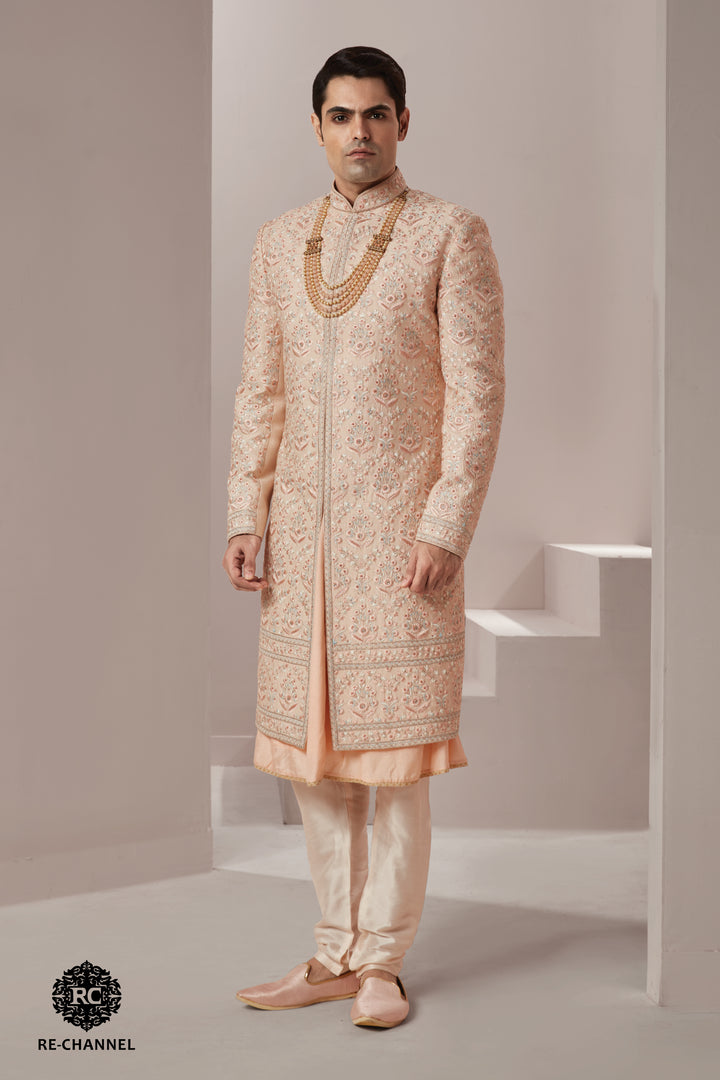 Light Peach Silk Sherwani with Pastel Floral Work