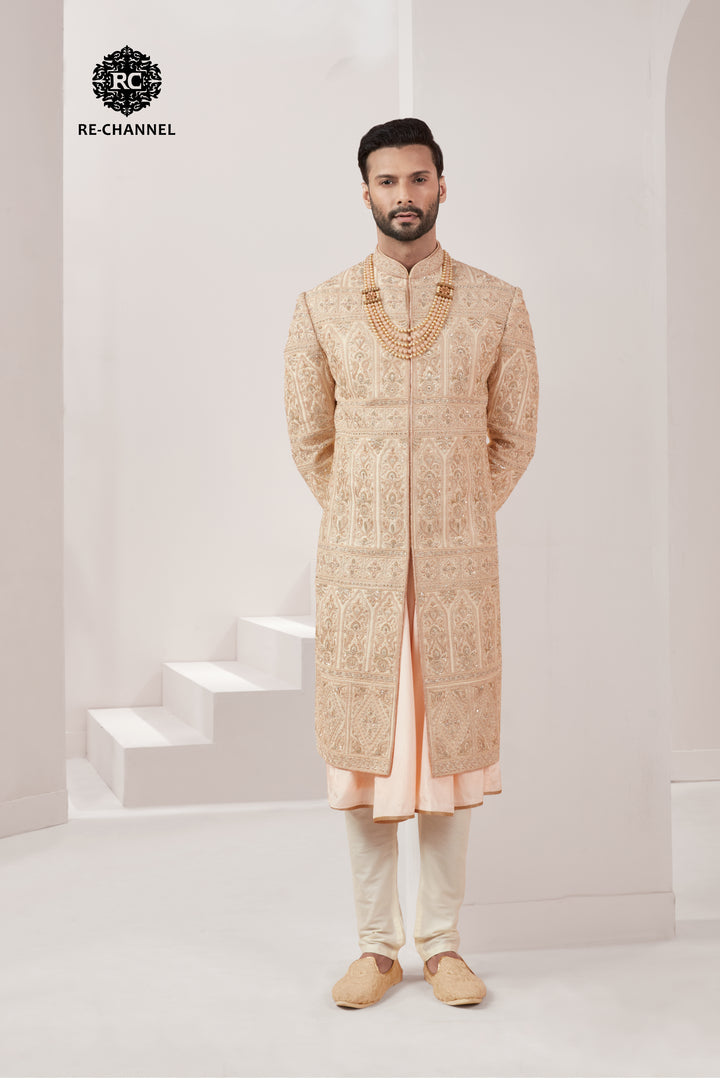 Gold Silk Sherwani with Self Geometric work all over