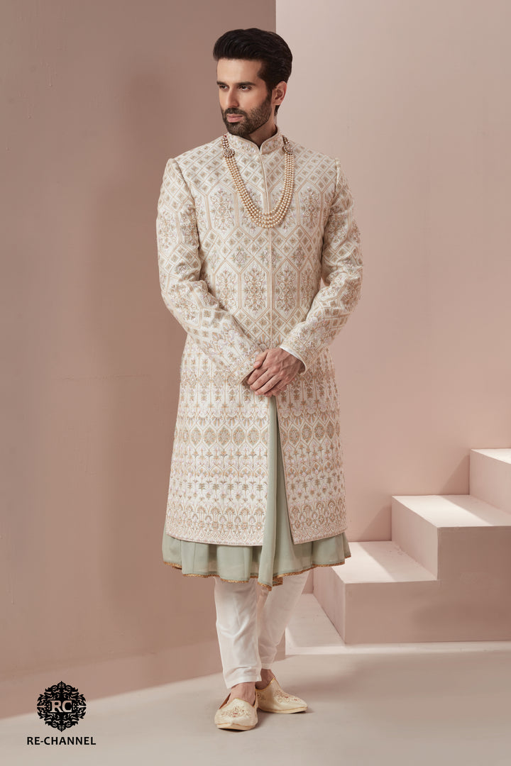Cream Silk Sherwani in Sage & Mustard Thread work