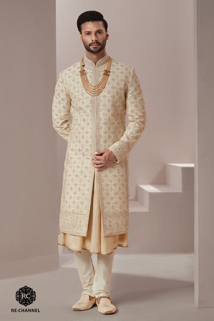 Butter Cream Silk Sherwani with Geometric Diamond Motifs
