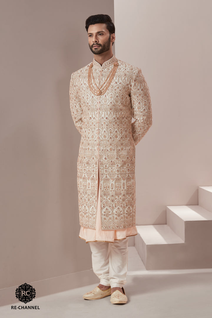 Ivory Silk Sherwani in Symmetric Motifs