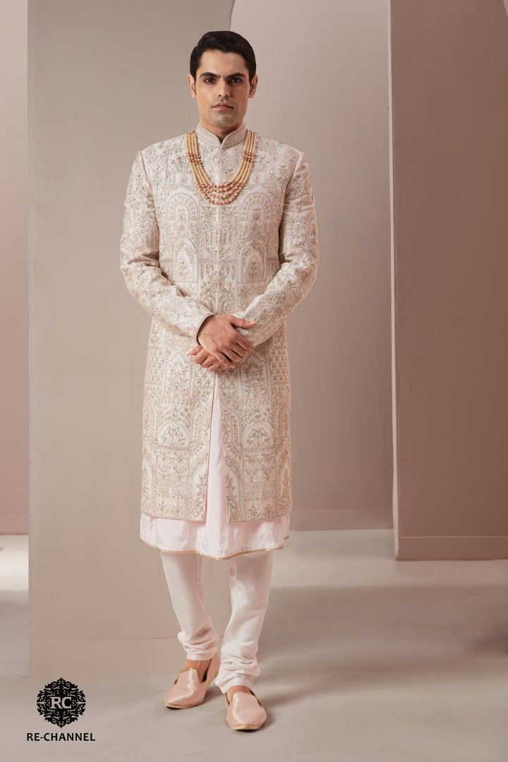 Powder Pink Silk Sherwani in Floral & Dome Motifs