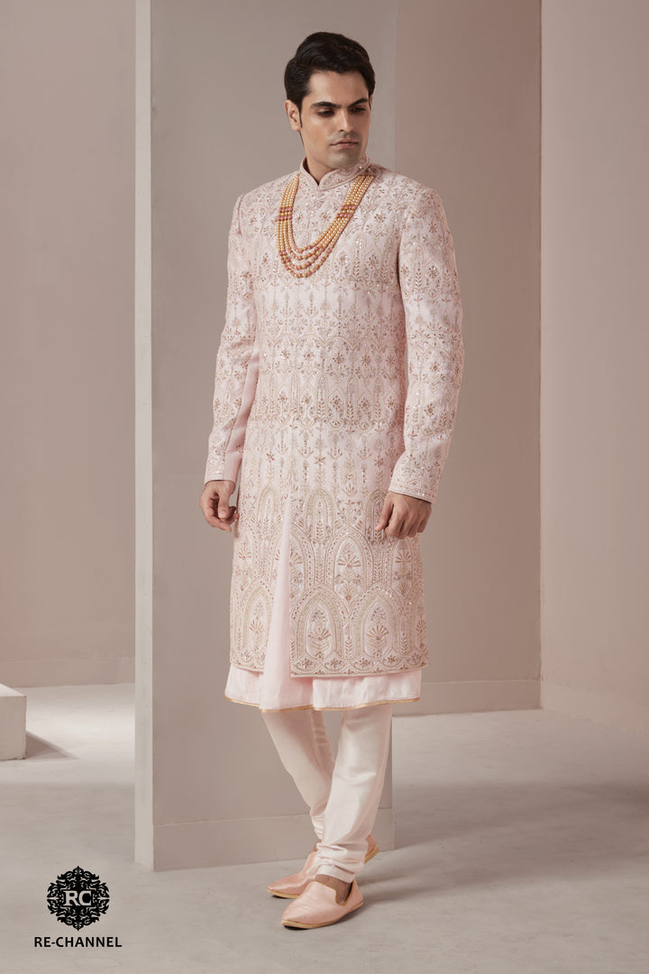 Powder Pink Silk Sherwani in Floral Motifs