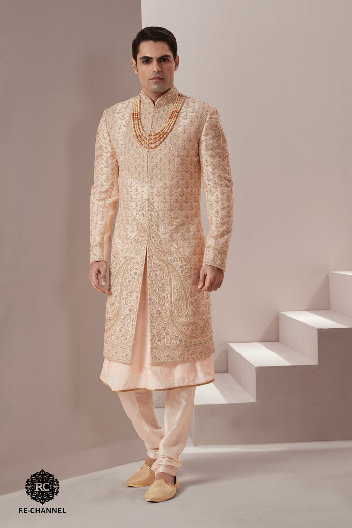 Light Peach Silk Sherwani in Floral & Paisley Motifs