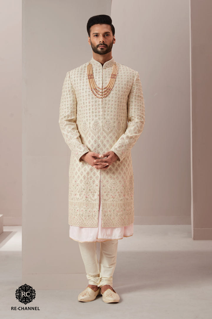 Cream Silk Sherwani in Symmetric Floral Motifs