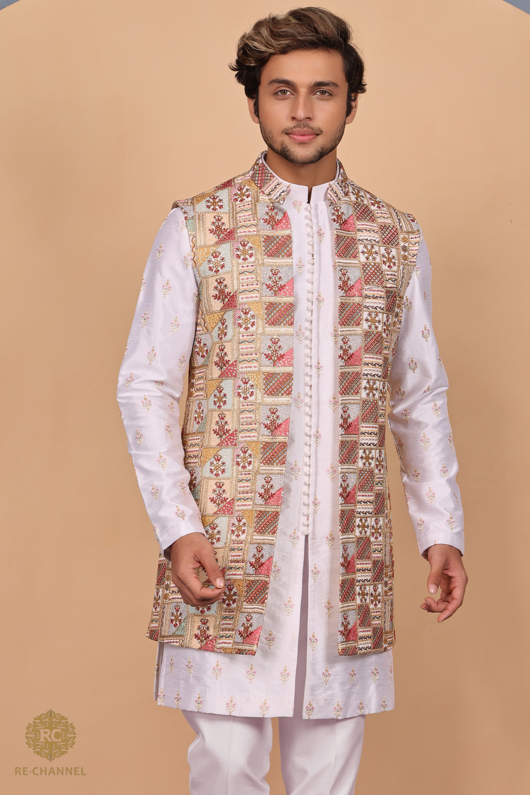 Embroidered Long Bandi with White Kurta