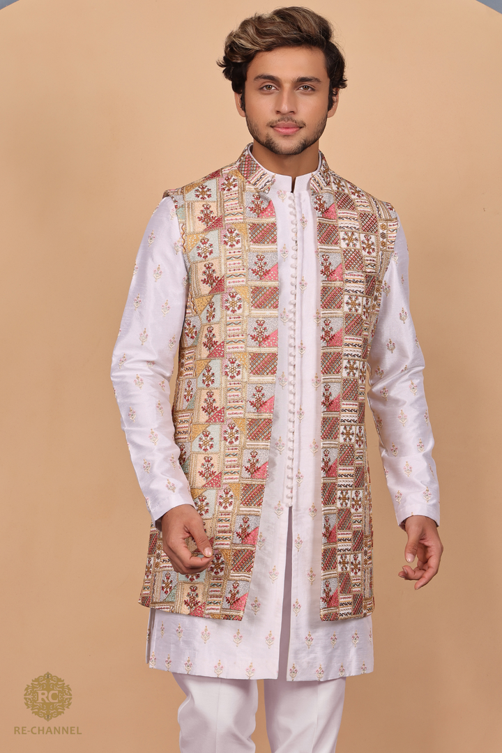 Embroidered Long Bandi with White Kurta