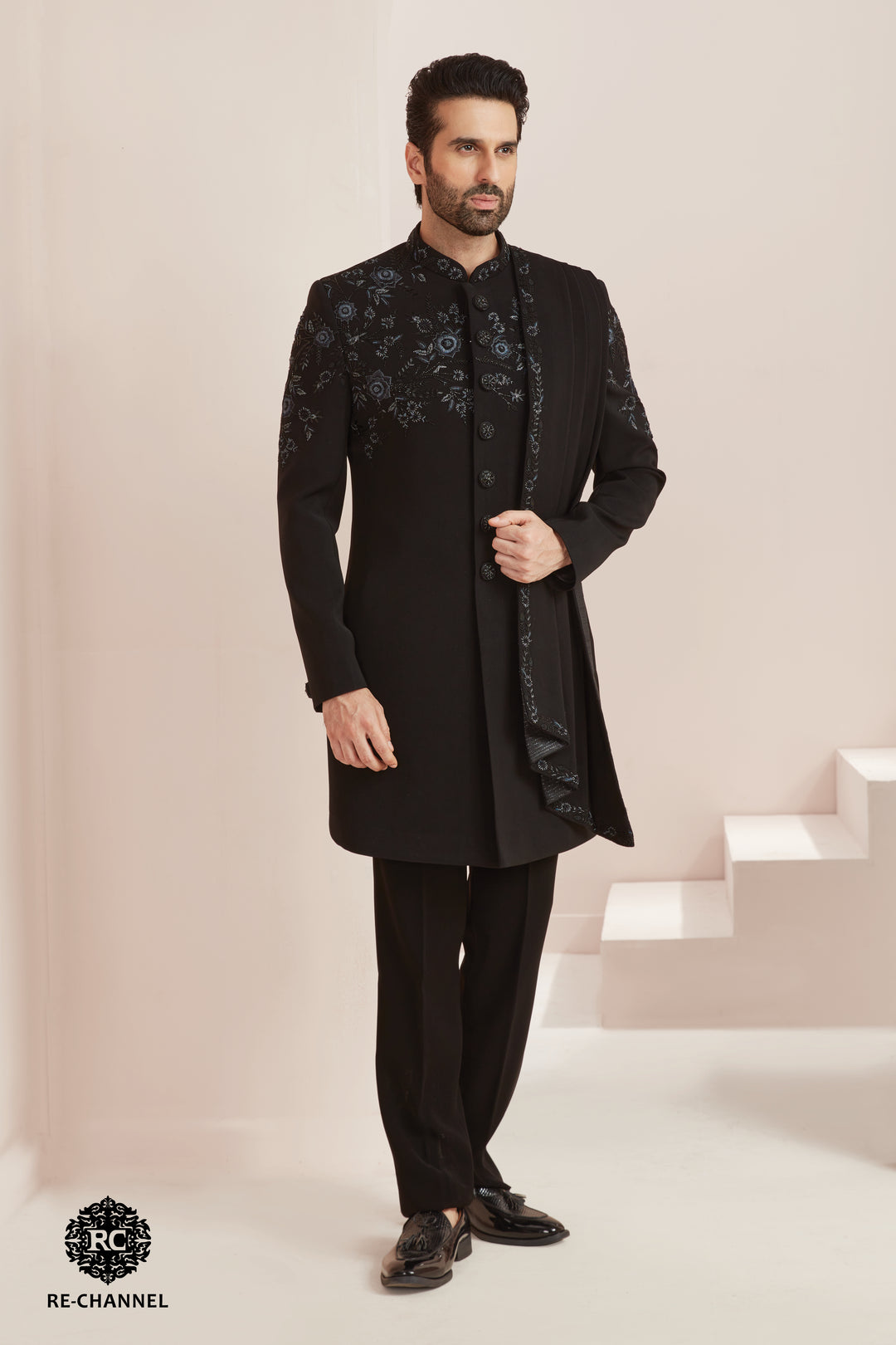 Black Indo-Western with Shoulder Drape & Embellishments