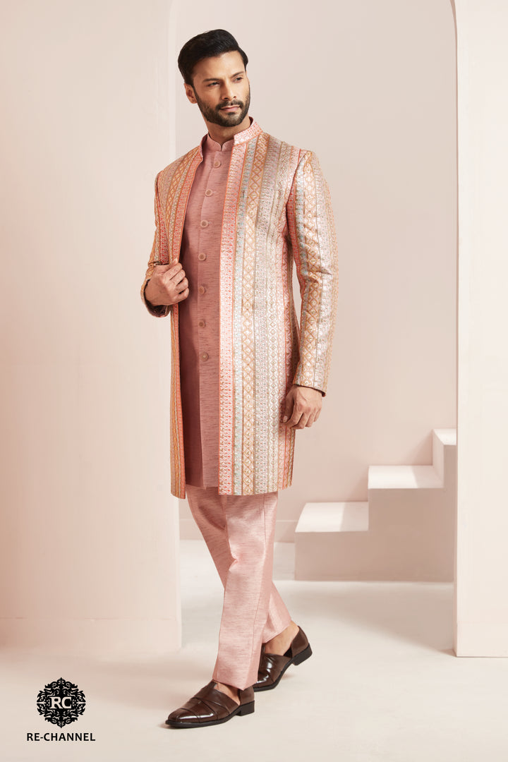 Peach Embroidered Indo-Western with open Kurta
