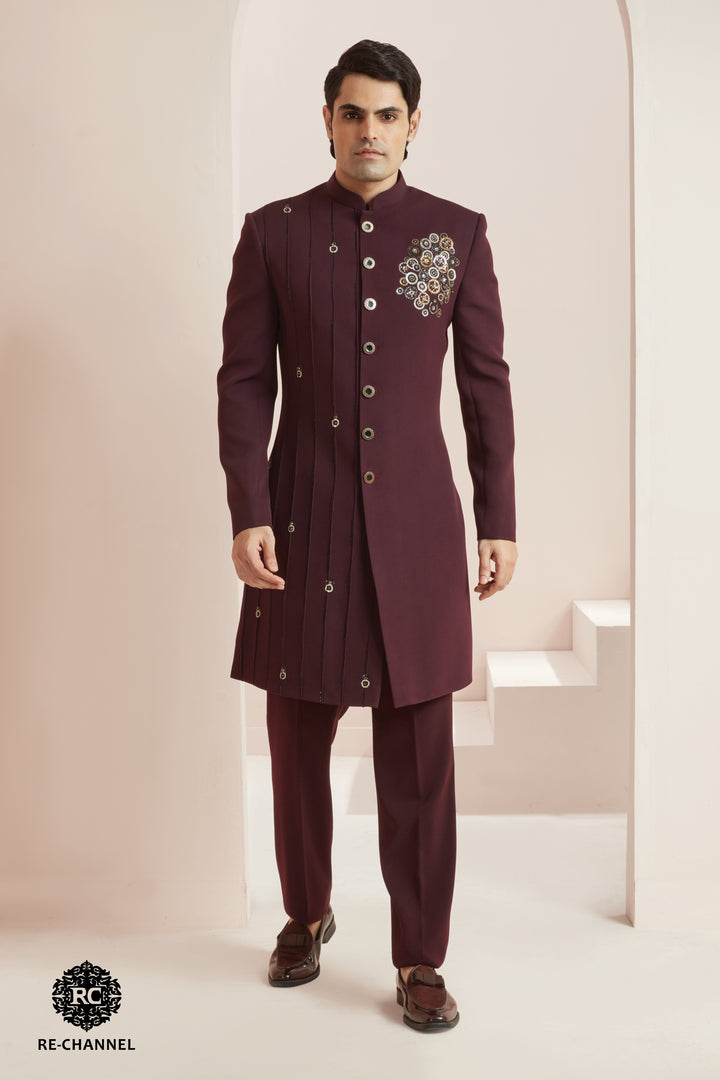 Wine Indo-Western with Placement Bead & Sequin Work