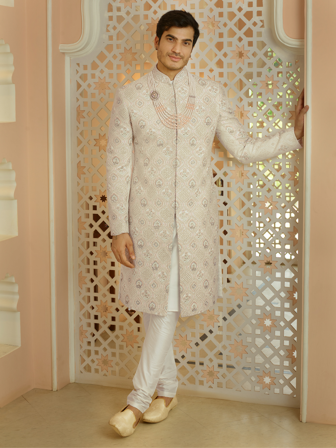Cream Floral Work Lucknowi Sherwani