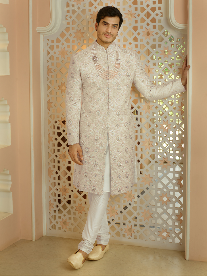 Cream Floral Work Lucknowi Sherwani