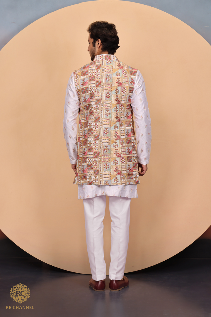 Embroidered Long Bandi with White Kurta