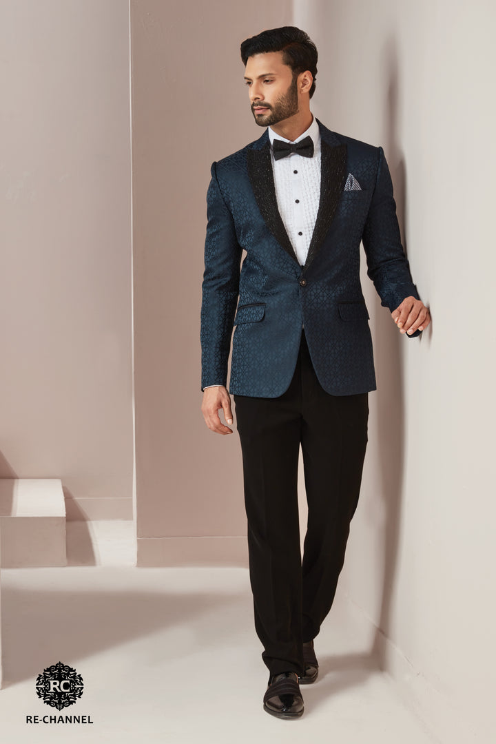 Teal Green Suit with Embellished Lapel
