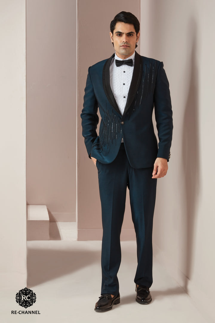 Teal Green Suit with Placement Embellishments