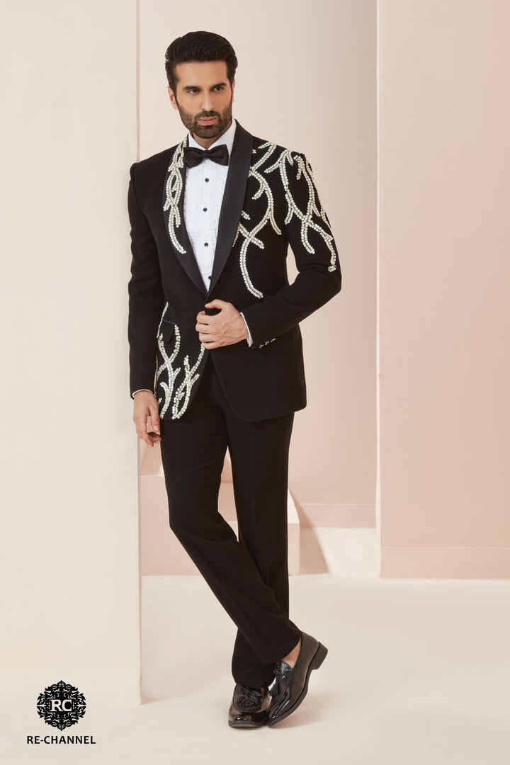 Black Suit with Abstract Placement Pearl Work