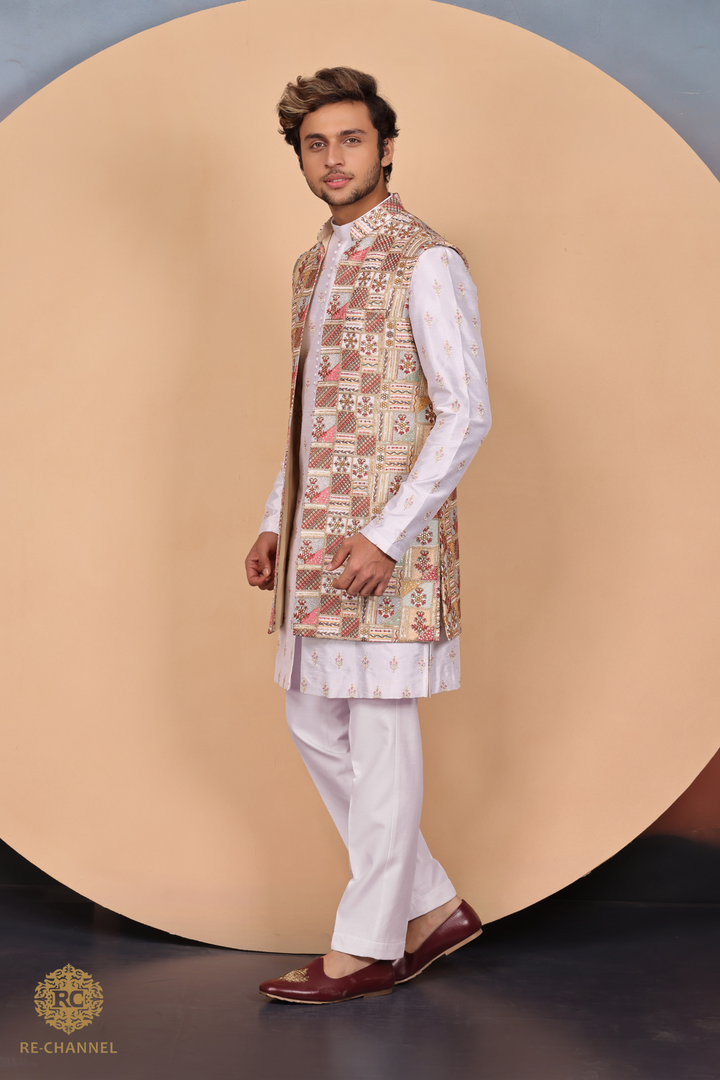 Embroidered Long Bandi with White Kurta