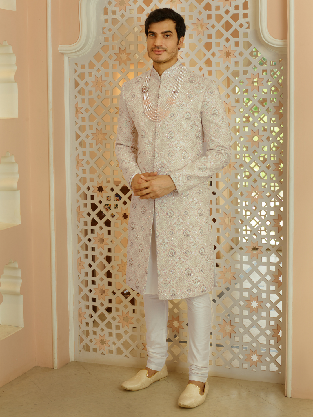 Cream Floral Work Lucknowi Sherwani