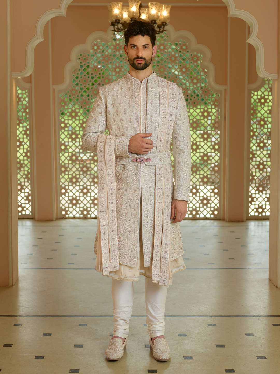 Refined Golden Beige Silk Sherwani