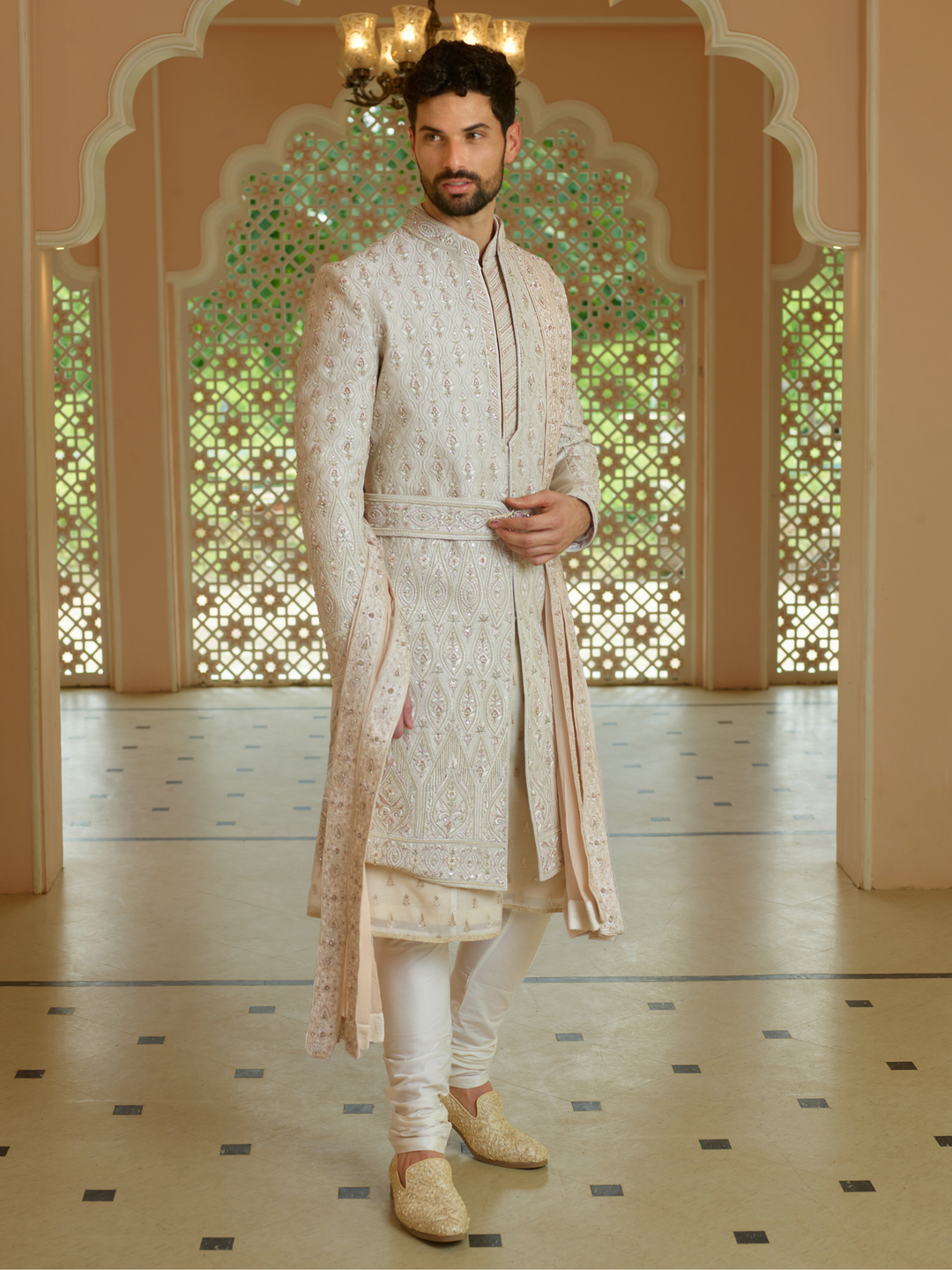 Refined Golden Beige Silk Sherwani