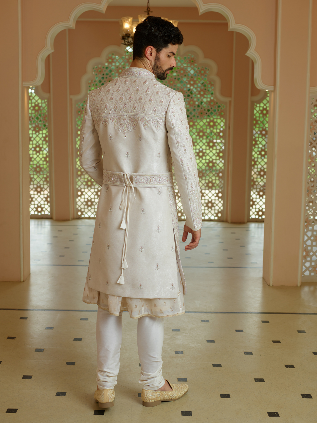 Refined Golden Beige Silk Sherwani