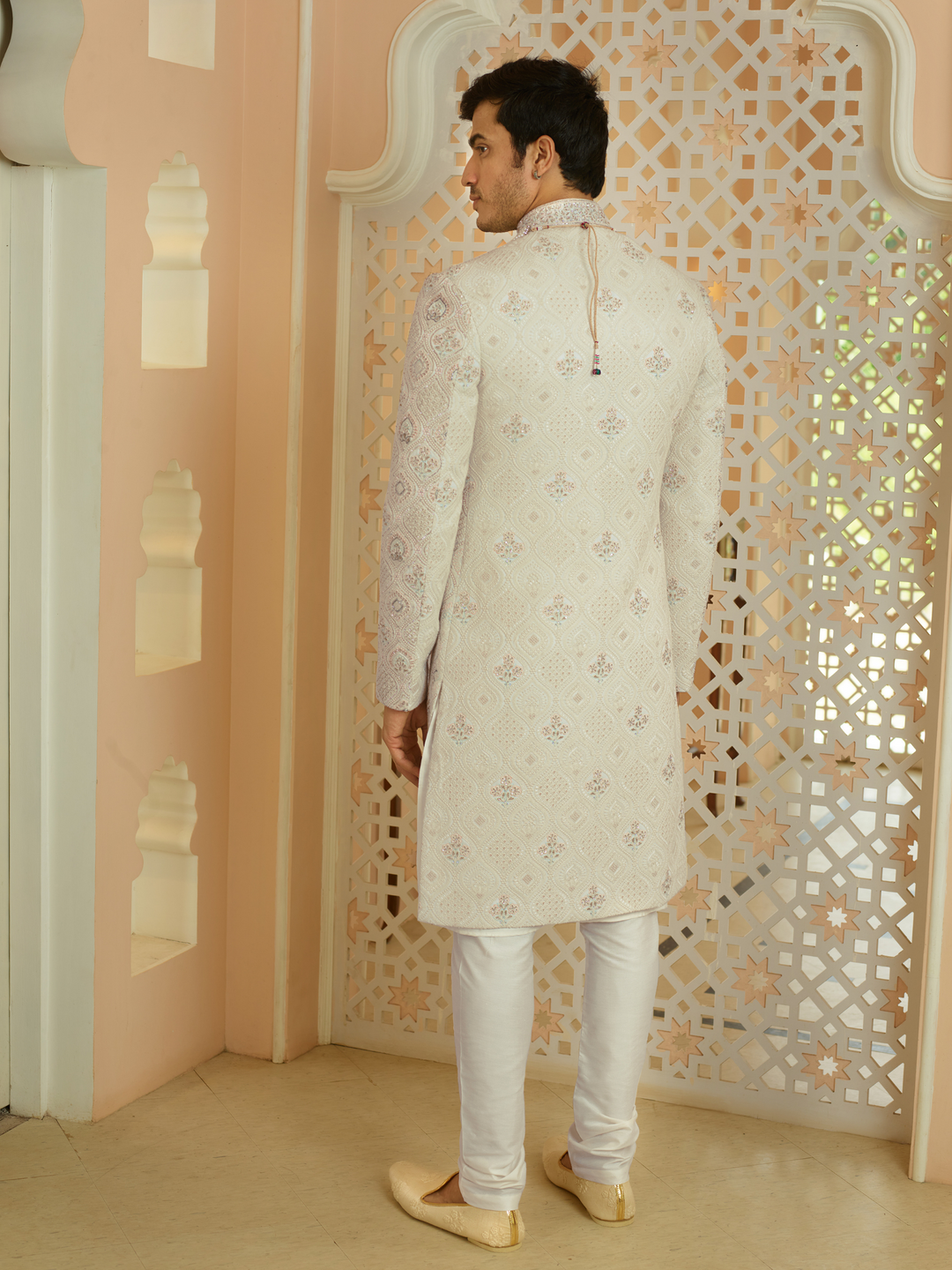 Cream Floral Work Lucknowi Sherwani