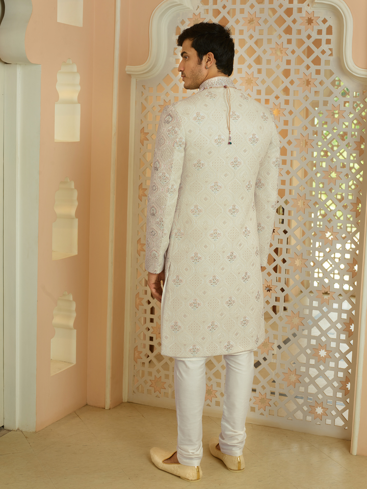 Cream Floral Work Lucknowi Sherwani