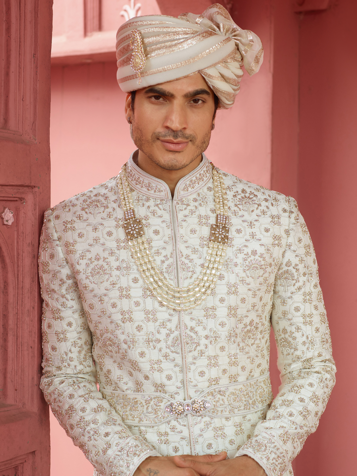 Off White Zari Work Sherwani